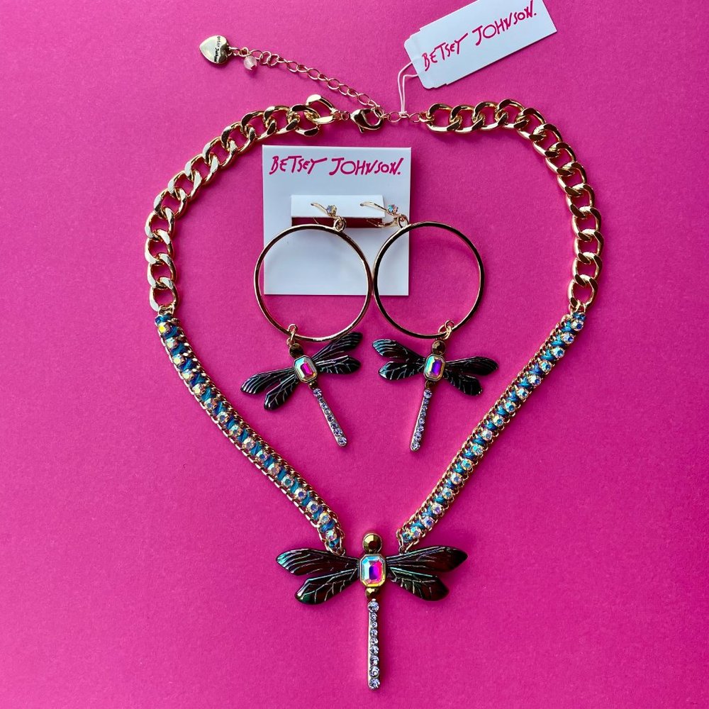 NWT Betsey Johnson Bug Collector Dragonfly Necklace + Earrings SET